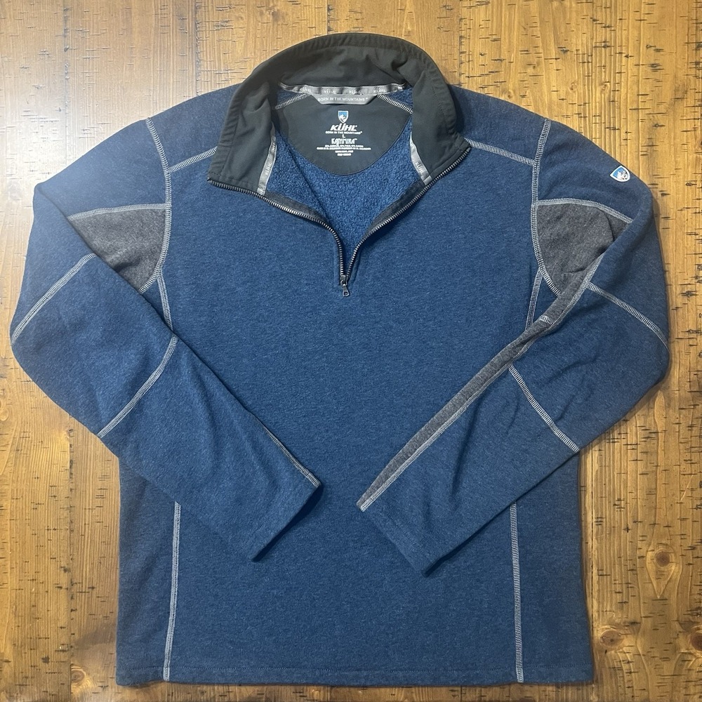 KUHL Kashmira Mens Large Blue Gray 1/4 Zip Fleece Pullover Sweater Mock Neck